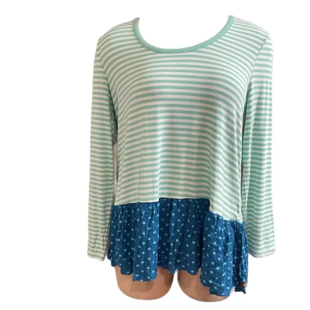 NWT Matilda Jane Green Stripe Ruffle Long Sleeve Shirt Size Medium New